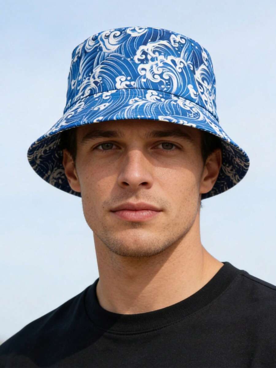 1pc Men's Wave Print Sun Protection Bucket Hat, Lightweight UV Protection Bucket Hat For Summer Beach Streetwear - 1Pc - View 1