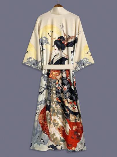 传统日式美人印花中长款七分袖缎面和服罩衫薄款外套，女士优雅街头休闲宽松外套，适合海滩、旅行、度假、作为睡袍、浴袍、派对服饰穿着。