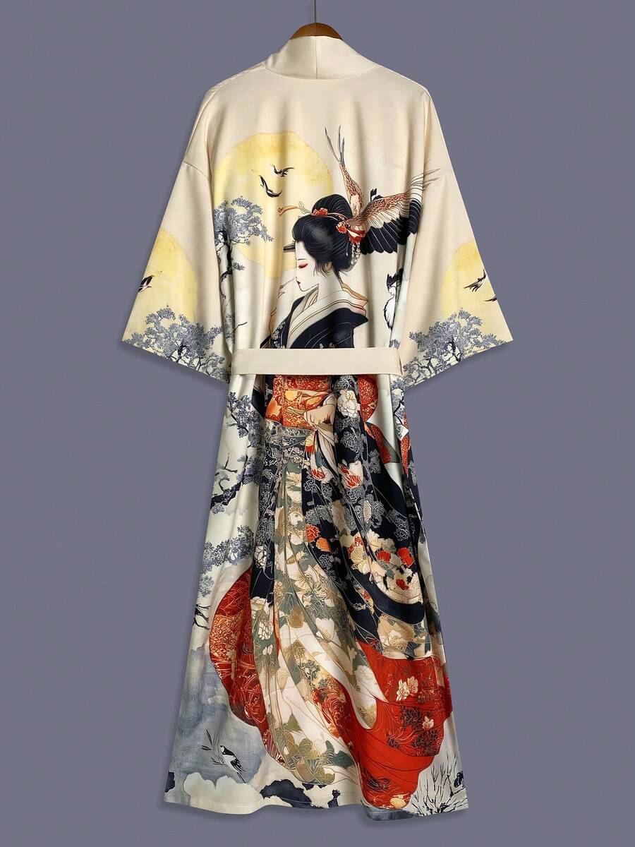 传统日式美人印花中长款七分袖缎面和服罩衫薄款外套，女士优雅街头休闲宽松外套，适合海滩、旅行、度假、作为睡袍、浴袍、派对服饰穿着。 - 杏色 - 查看 1