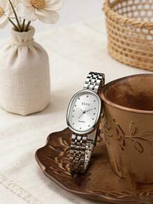 1pc Minimalist Oval Design Dual-Tone Quartz Watch, White Dial Expresses Refined Taste, Suitable For Online Activities, Holidays, Birthdays, Year-End Promotion - Multicolor - View 3