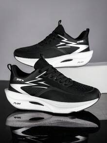 Men's Breathable Mesh Round Toe Casual Lace-Up Athletic Sneakers, Thick Sole Lightweight Running Shoes Suitable For Daily Walking And Tennis - Black - View 3