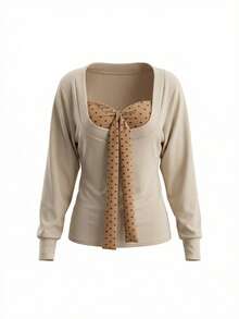 褶皱腰身波点叠层U领长袖T恤和吊带背心套装，适合春季穿着 - 杏色 - 查看 8