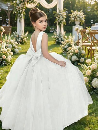 Vestido de fiesta elegante de tul con lazo y perlas falsas para niña preadolescente, vestido de princesa para boda, ocasión formal, fiesta de cumpleaños, novia, graduación, Navidad