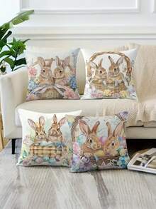 Conjunto de 4 capas de almofada com coelhinho e ovo de Páscoa - Decoração rústica com estampa floral em tons pastel, fechamento com zíper, lavável à máquina - Decoração de Páscoa para ambientes internos e externos, ideal para sala de estar, varanda e sofá - Sem enchimento (45x45 cm, poliéster) - Perfeitas para a Páscoa, Dia das Mães, presentes de boas-vindas, decoração sazonal e decoração festiva. - Multicolorido - Ver 7