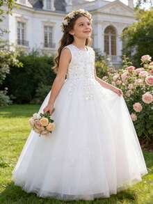 女孩白色蕾丝公主裙、舞会礼服、婚礼晚礼服、选美晚礼服、毕业礼服、圣诞节 - 白色 - 查看 3