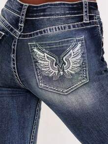 Women's Jeans Feather Flower Embroidery Mid Rise Stretchy Bootcut Slim Wide Leg Pants - Màu xanh lam - Xem 3