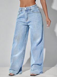 Low-Waist Wide-Leg Casual Blue Jeans With Slant Pockets For Women - Blue - View 4