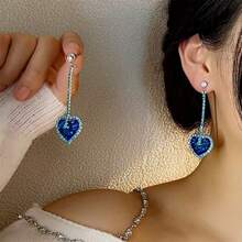 1对（2个）蓝色水钻心形流苏耳环 - 藍色 - 查看 6