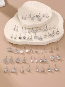 30pcs/Set Minimalist Bow, Flower, Pearl & Metal Cute Sweet Style Earrings Set For Girls - Silver - View 2