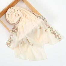 1pc Small Floral Embroidered Headscarf, Beach Towel,  Arabic Simple Embroidered Middle Eastern Headscarf Long Scarf, Malaysian Headscarf For Women, Suitable For Daily And All-Season Wear - 白色 - 查看 9