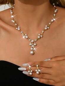 3件套奢华婚礼派对女士礼服水钻装饰珠宝时尚闪亮项链耳环套装，舞会礼服珠宝配饰 - 金色 - 查看 13