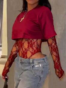Women's Sheer Lace Short Sleeve Crop Top, Solid Color Lace Patchwork See-Through Bodysuit Daily Wear, Dating, Single Party, Stage Performance, Spring/Summer ID2I - Đỏ - Xem 5