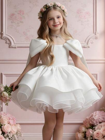 年轻女孩的白色优雅缎面短袖迷你派对礼服，适合生日派对、庆典、婚礼、花童、拍照、公主裙、舞会、毕业典礼、圣诞节