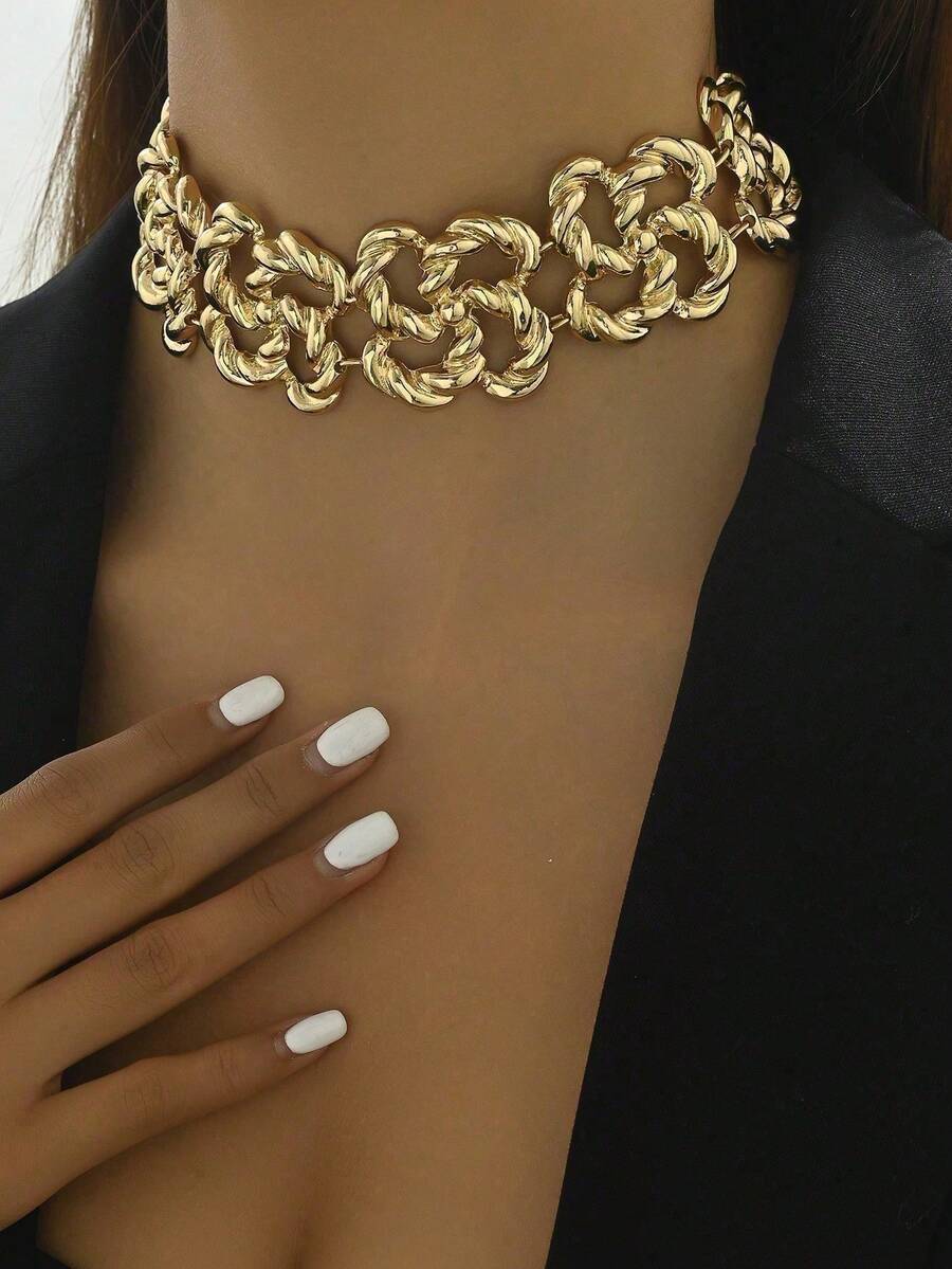 1pc Fashionable Metal Geometric Spiral & Hollowed Out Flower Shaped Necklace Valentines,Mom,Mother,Mother's Day,Gift - 黃金 - 查看 1