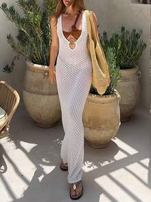 女士新款印花镂空露背系带度假长裙 - 白色 - 查看 4