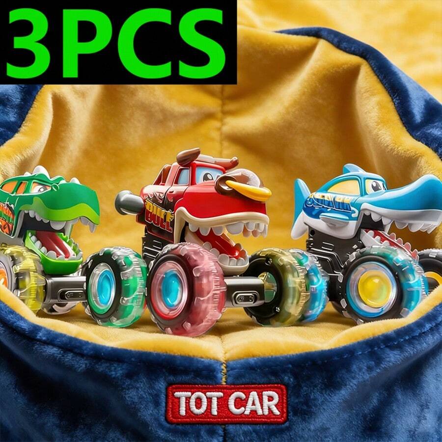3-Pack Monster Truck Toys, Educational Toys For Kids | Toddler Dynamic Light-Up Cars - Monster Lightning Off-Road Vehicles With LED Lightning Wheels, Press-To-Start Dinosaur Trucks, Baby Toy Gifts, Perfect Christmas And Birthday Gifts, Battery Powered - Three Packs: Red, Green, and Blue. - View 1