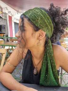 1pc New Headscarf Salon, European & American Style Sequin Border Headscarf, Autumn Silk Scarf Shawl, Suitable Pairing With Dresses GVI4 - 深綠色 - 查看 6