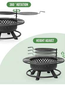 36 Inch Fire Pit With Grill,Wood Burning Fire Pits For Outside With Lid& Fire Poker,Round Metal Firepit Table 3 In 1 With Cooking Grate,Outdoor Firepits For Yard Patio Bonfire Camping(Black) - Black - View 6
