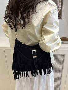 1 Peça Bolsa Transversal Casual Versátil com Zíper Liso, Decoração com Borla em Couro PU Preto, Adequada para Uso Diário de Mulheres - Preto - Visão 6