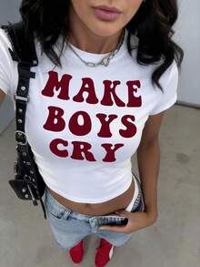 Women's Casual Cropped Lettered Slogan T-Shirt, Suitable For Versatile Style In Summer,Make Boys Cry Crop Top - White - View 1