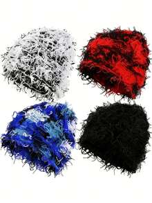 4pcs Distressed Knit Beanies, Fluffy Winter Warm Hats, Thickened Warm Hats With Skull Pattern, Men's Outdoor Ski Knit Caps, Autumn Clothing - A - View 7