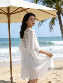 1条女士蕾丝镂空沙滩围巾，适合伴娘、婚礼、派对、海滩、旅行、约会、情人节礼物 - 白色 - 查看 3