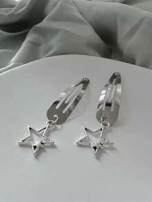2pcs Alloy Pendant Star Women's BB Hair Clip, High-Quality Metal Hairpin, Side Fringe Clip, Side Hair Accessory, Stylish, Personalized, Street, Retro, Y2K, Hot Girl, Gothic Style, Suitable For Daily Use, Holiday Gatherings, Party Events, Gift Hair Accessory For Girls - Silver - View 5