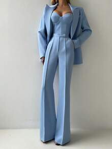 Women's Suit Suit Simple Solid Color Elegant Temperament Fashion Casual Urban Commuter Suit Set Sexy Suspender Bra Loose Drape Pants Long Sleeve Lapel Button Coat Business Etiquette Clothing Three-Piece Set - 藍色 - 查看 7
