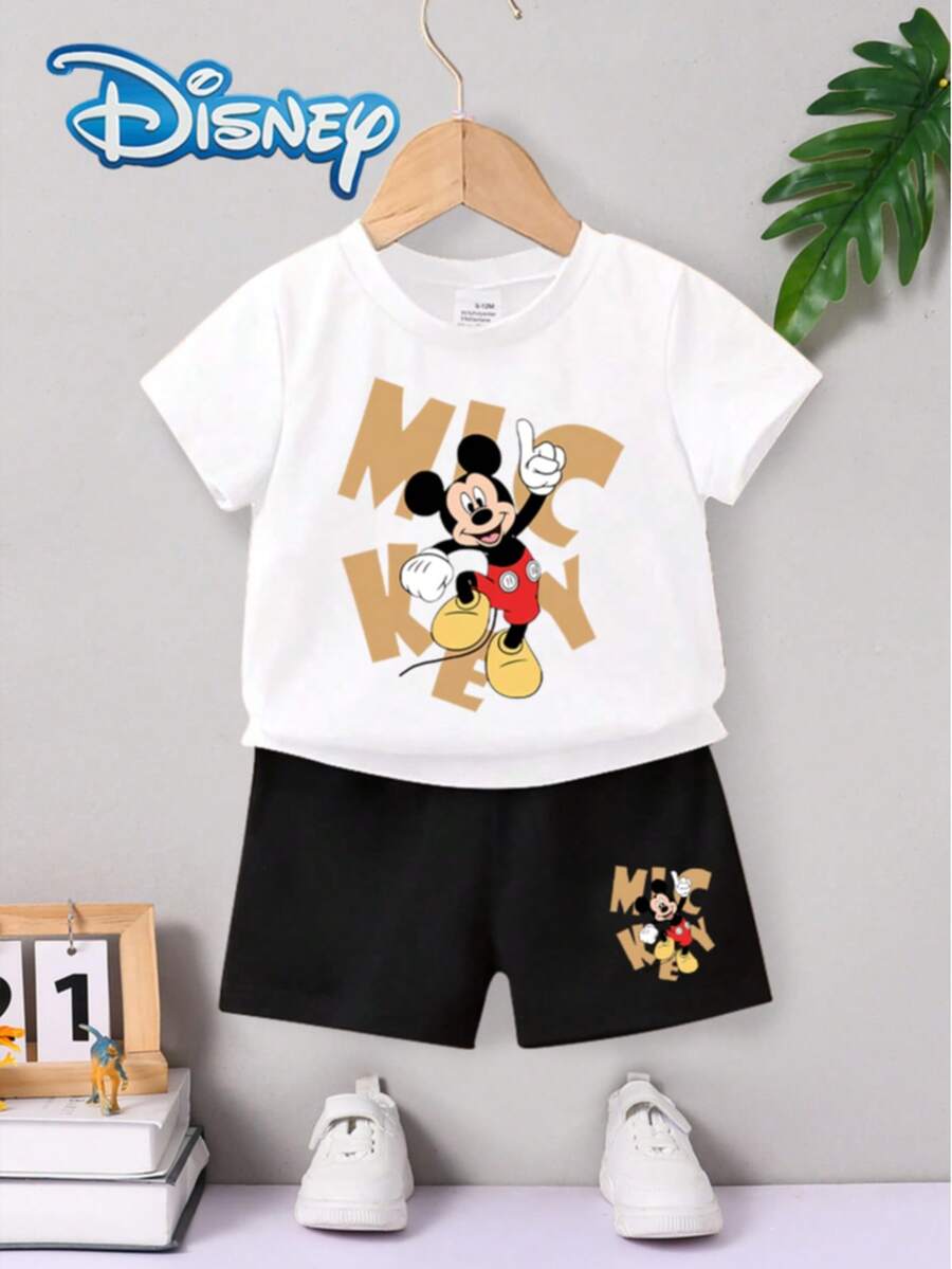 Disney 夏季男婴米奇可爱短袖T恤短裤套装，卡通图案，弹力面料，适合新生儿日常穿着，精美礼物 - 白色 - 查看 1