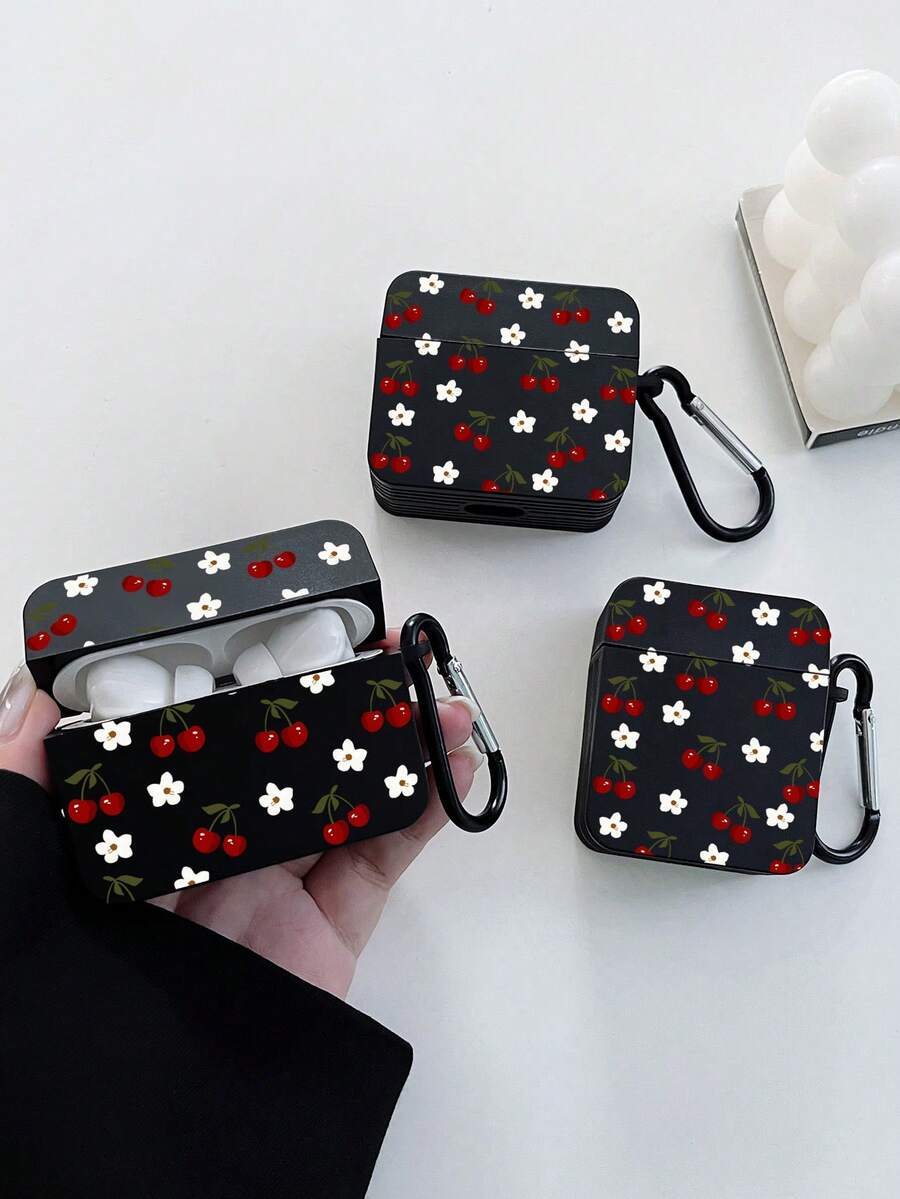 Vintage Red Cherry & White Floral Pattern Black Square Matte Apple Bluetooth Earphone Protective Case, Comes With 1 Black Carabiner For Easy Carrying, Precise Cutouts For Charging And Access, Suitable For Commuting, Campus And As A Small Gift For Girlfriend/Best Friend - Black - View 1