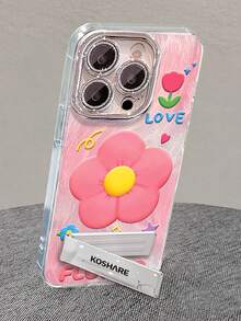 1pc Electroplated Glitter Full Coverage Pink Floral Phone Case With 3D Metal Stand, Compatible With IPhone 11/12/13/14/15/16/17/Pro Max - Pink - View 3