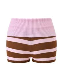 Women Y2k Fold Over Knit Shorts Striped Elastic Waist Low Rise Boycon Crochet Lounge Bottoms Stretchy Pjs Boyshorts Sleepwear Loungewear Streetwear - 粉色 - 查看 6