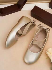 儿童金色弹力交叉蝴蝶结平底鞋 - 金色 - 查看 5