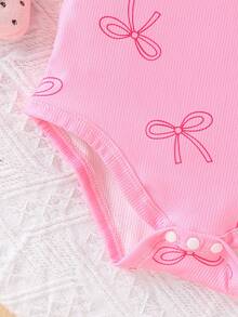 Baby Girls' Pink Ribbed All-Over Butterfly Print Snap Front Romper, Cute & Casual For Everyday Wear - Pink - View 4