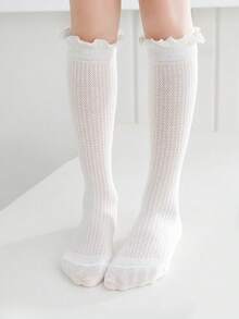 1 Pair White Lolita Princess Lace Socks, Bowknot Mesh Stockings, Cute Versatile Lace Trim Socks - White - View 9