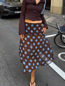Falda midi de lunares caqui para mujer, falda de gasa con dobladillo irregular, estilo bohemio Y2K, para salir, tiro bajo, semitransparente, corte A, largo midi, atuendos para vacaciones de verano, atuendos para rave, ideal para citas, brunch diario, conciertos, fiestas y clubes. - Caqui - Ver 3