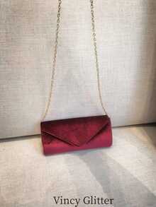 V-Shaped Metal Chain Strap Evening Bag, Shoulder Crossbody Chain Bag, Clutch Purse, Phone Bag, Lipstick Bag, Matching Formal Dress, Elegant Lady Handbag, Party Style, Fashion Versatile - Burgundy - View 1