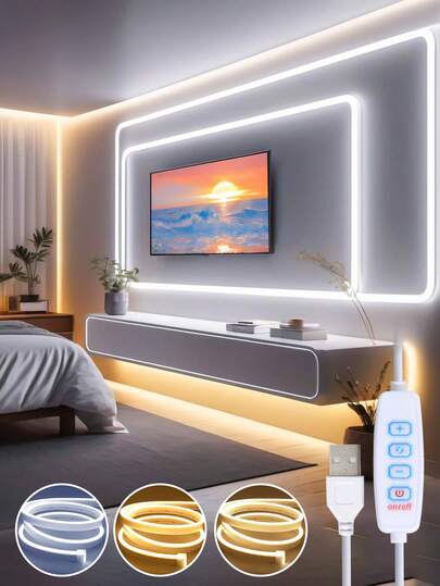 1m/2m/3 Meters/4m/5m LED Neon Decorative Light Strip, 3 Color Temperature Dimmable Button Switch Mood Lighting Strip, Live Streaming Lighting, Makeup Mirror, Bathroom Mirror Front Lighting Strip, Bedroom, Living Room, Display Cabinet, Bathroom Mirror Lighting Strip