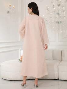 2026 New Style Elegant Embroidered Beaded Arabic Women's Dress, Jalabia Dress With Square Neck, Long Sleeve, Pink Outerwear, Fashion Fresh Ladylike - Pink - View 10