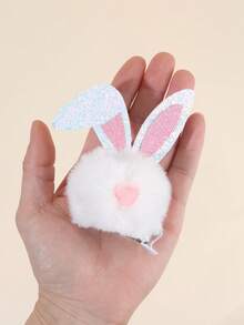 2个装复活节兔子发夹，女士可爱闪亮耳朵鳄鱼夹，心形绒球头饰，女士发饰 - 白色 - 查看 9