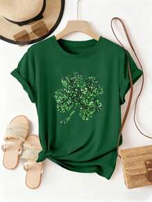 St. Patrick's Day Theme, Fully Sequined Green Four-Leaf Clover Print Women's T-Shirt - Green - View 1