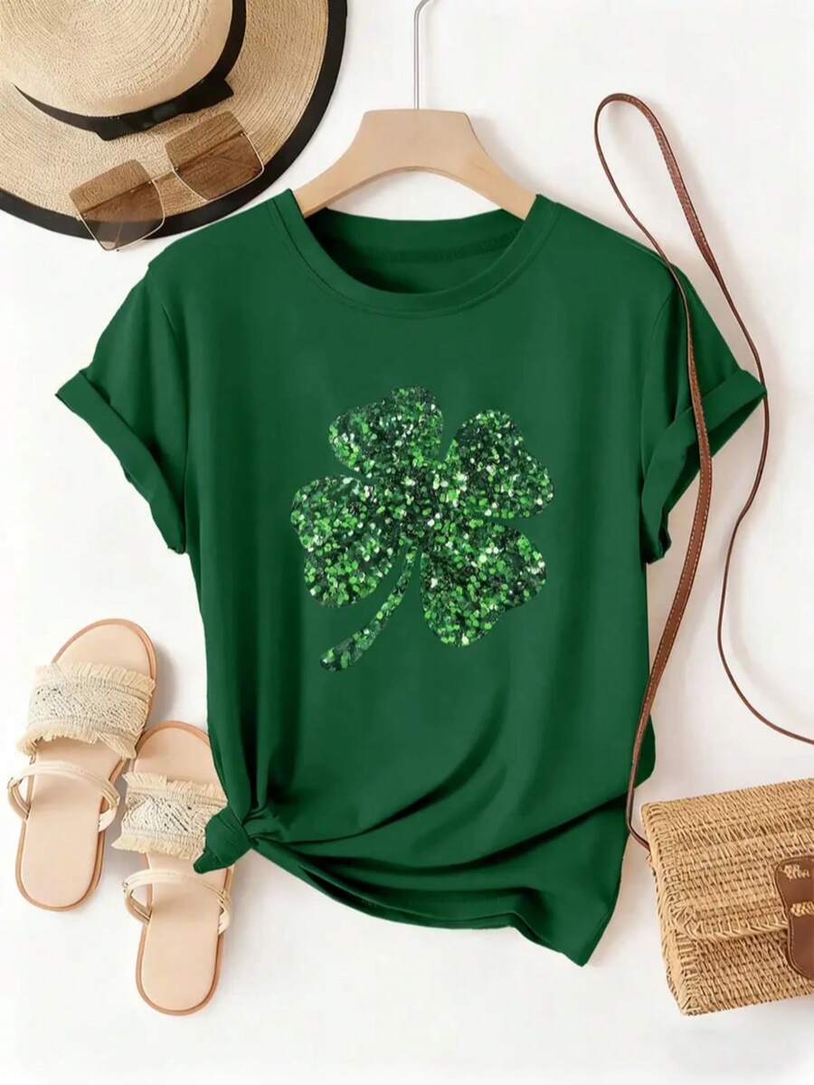 St. Patrick's Day Theme, Fully Sequined Green Four-Leaf Clover Print Women's T-Shirt - Green - View 1