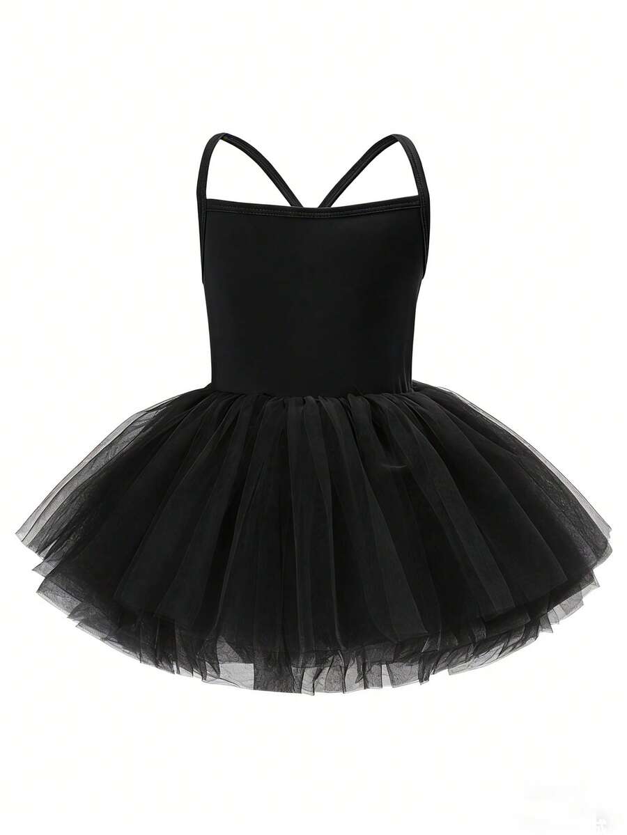 1pc Young Girls Cute Elegant Princess Sweet Academy Ballet Style Breathable Lightweight Tulle Strap Tutu Dress, Suitable For Party, Birthday, Celebration, Holiday, Performance, Banquet, All Seasons - Black - View 1