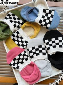 3/6双装女士船袜，经典格纹设计，春夏新品，针织面料，休闲百搭，适合日常穿着、居家、通勤、上学、约会、节日礼物 - 彩色 - 查看 1