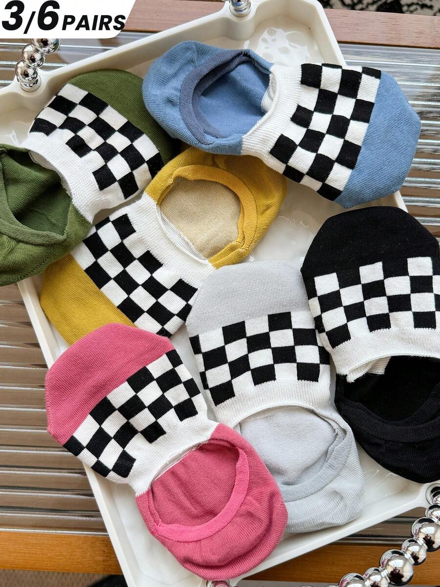 3/6双装女士船袜，经典格纹设计，春夏新品，针织面料，休闲百搭，适合日常穿着、居家、通勤、上学、约会、节日礼物 - 彩色 - 查看 1