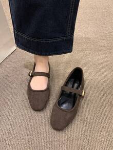 Women's Flat Shoes Retro Ballet Style Comfortable Low Heel Flat Shoes One-Strap Buckle Suede Mary Jane Flat Shoes, Brown - Coffee Brown - View 4