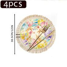 1/4/6 piezas Colección de Pascua, Conejos de color marrón claro dispersos entre huevos de Pascua de colores, rodeados de flores silvestres vibrantes y suave hierba verde, Posavasos/Mantel individual con estampado de lino y borlas - Multicolor - Ver 15