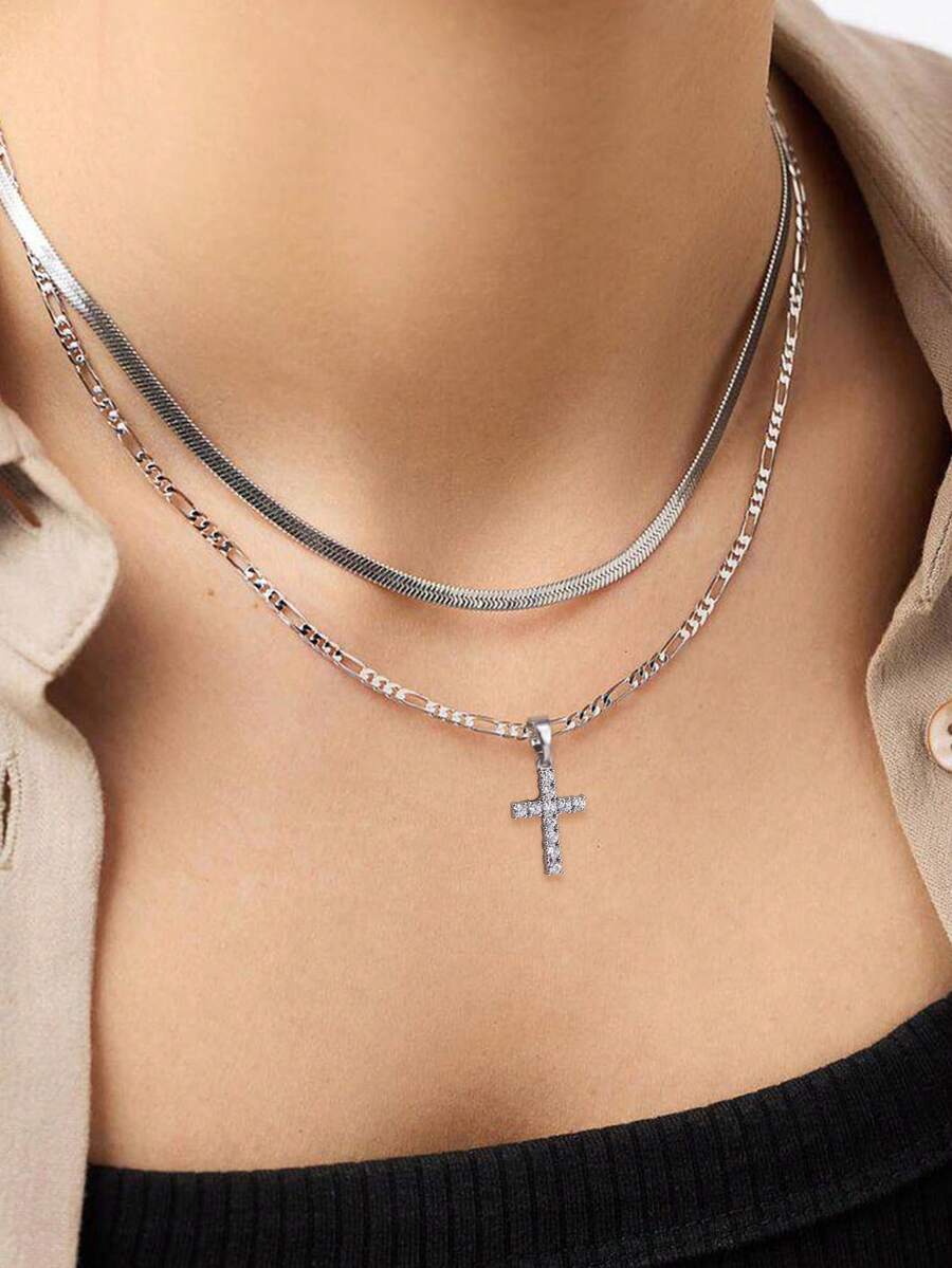 2pcs/Set Fashion Stainless Steel Blade Chain & Basic Chain Necklace Set With Rhinestone Cross Pendant For Women - Silver - View 1