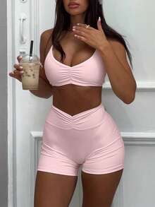 2pcs/Set Women's Racerback Sports Bra And High Waist Fitted Shorts Yoga Workout Gym Outfit - Baby Pink - View 3