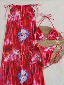 Bộ bikini 3 món gợi cảm dành cho nữ, họa tiết nhuộm tie-dye với vòng kim loại, áo hở lưng buộc dây và váy lưới, thích hợp cho kỳ nghỉ hè ở bãi biển. - Nhiều màu - Xem 3